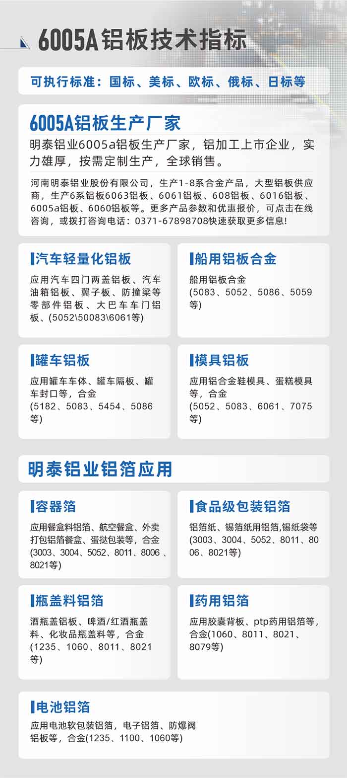 long8官方网站大型铝板帯箔厂家，上市公司，以下常见铝板合金，更多产品可在网站查看，或者拨打电话咨询：0371-67898708。

　　汽车轻量化铝板：应用汽车四门两盖铝板、汽车油箱铝板、翼子板、防撞梁等零部件铝板、大巴车车门铝板、(5052、50083、6061等)

　　船用铝板合金(5083、5052、5086、5059等)

　　罐车铝板：应用罐车车体、罐车隔板、罐车封口等，合金(5182、5083、5454、5086等)

　　模具铝板：应用铝合金鞋模具、蛋糕模具等，合金(5052、5083、6061、7075等)

　　long8官方网站铝业铝箔应用
　　容器箔：应用餐盒料铝箔、航空餐盒、外卖打包铝箔餐盒、蛋挞包装等，合金(3003、3004、5052、8011、8006、8021等)

　　食品级包装铝箔：铝箔纸、锡箔纸用铝箔,锡纸袋等(3003、3004、5052、8011、8006、8021等)

　　瓶盖料铝箔：酒瓶盖铝板、啤酒/红酒瓶盖料、化妆品瓶盖料等，合金(1235、1060、8011、8021等)

　　药用铝箔：应用胶囊背板、ptp药用铝箔等，合金(1060、8011、8021、8079等)

　　电池铝箔：应用电池软包装铝箔，电子铝箔、防爆阀铝板等，合金(1235、1100、1060等)

　　6005A铝板技术指标

　　可执行标准：国标、美标、欧标、俄标、日标等

　　6005A铝板生产厂家
　　long8官方网站铝业6005a铝板生产厂家，铝加工上市企业，实力雄厚，按需定制生产，全球销售。

　　long8官方网站，生产1-8系合金产品，大型铝板供应商，生产6系铝板6063铝板、6061铝板、608铝板、6016铝板、6005a铝板、6060铝板等。更多产品参数和优惠报价，可点击在线咨询，或拨打咨询电话：0371-67898708快速获取更多信息!